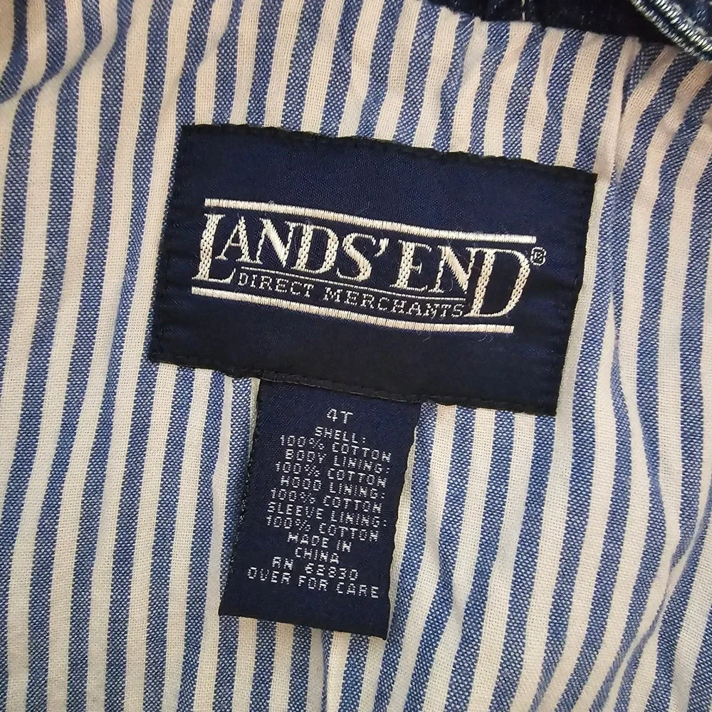 Lands End Denim Jacket Kids 4T Blue Hooded Striped Lining Chore Coat Coastal